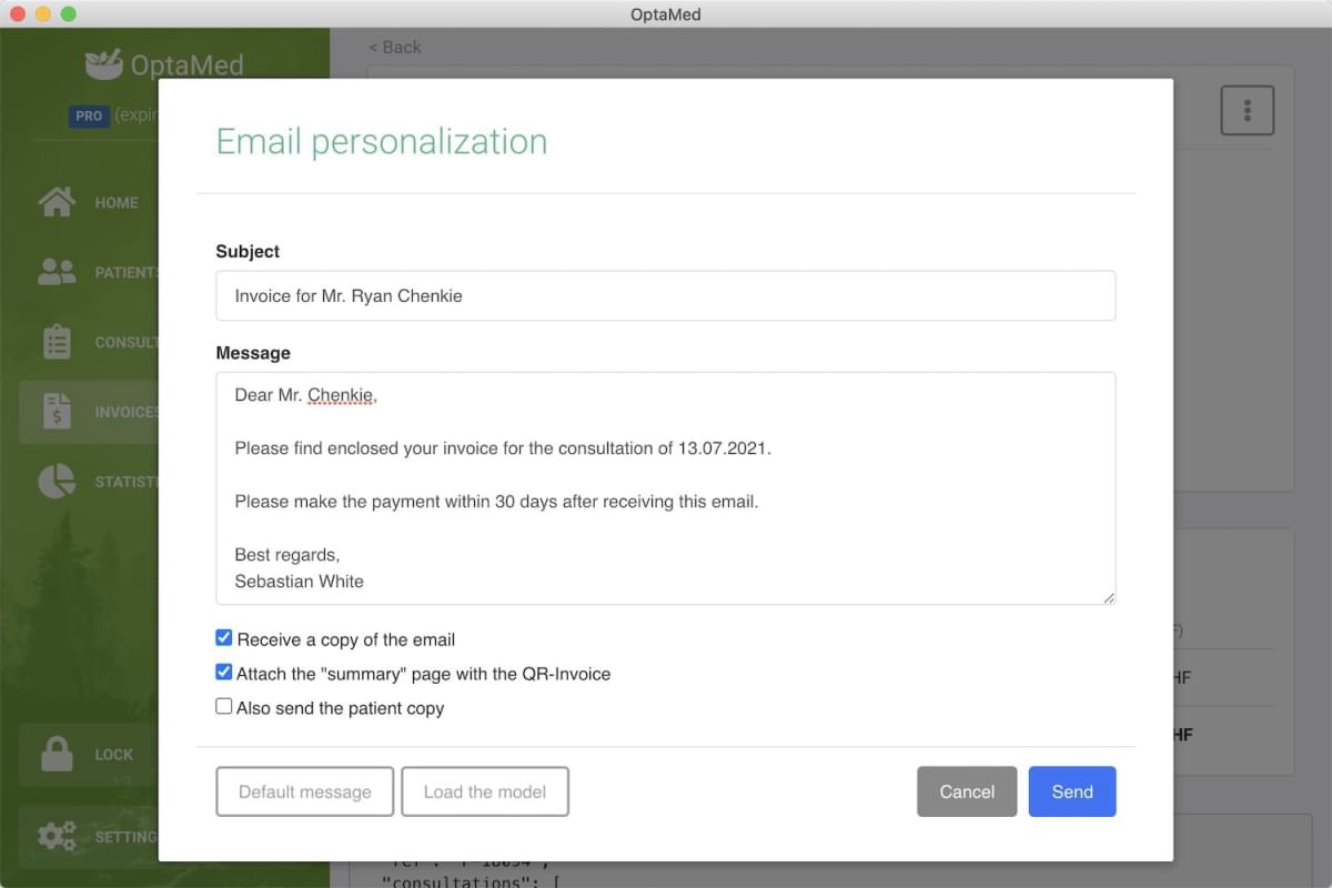 Page for writing an email from the OptaMed application