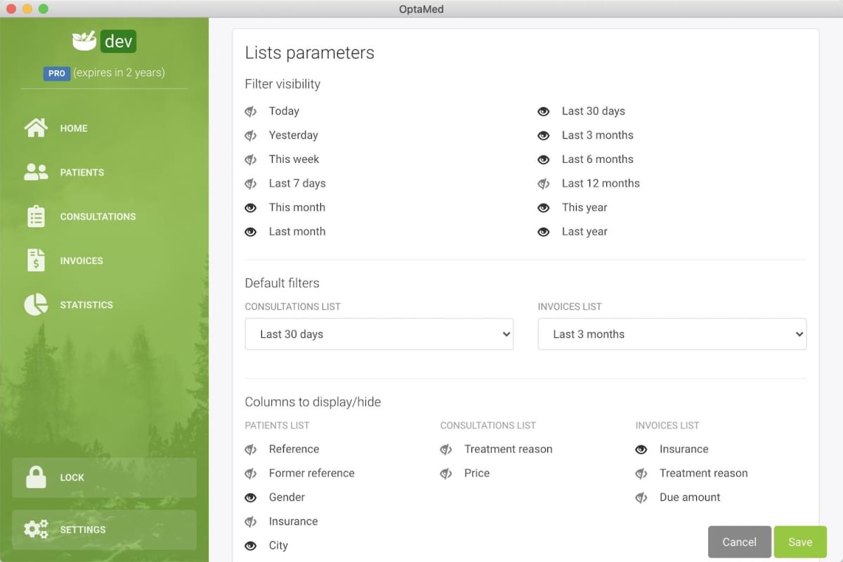 Settings page for configuring filters in the OptaMed application