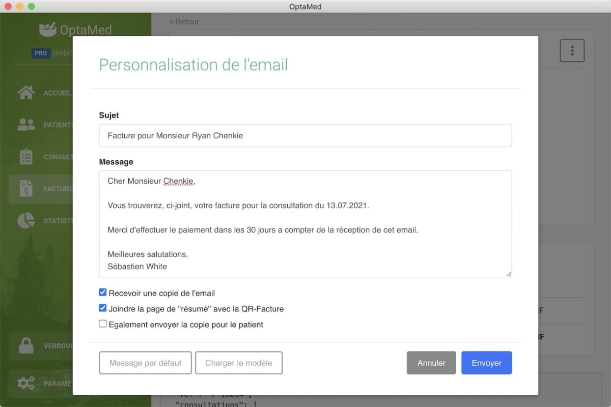 Page de rédaction d'un email depuis l'application OptaMed