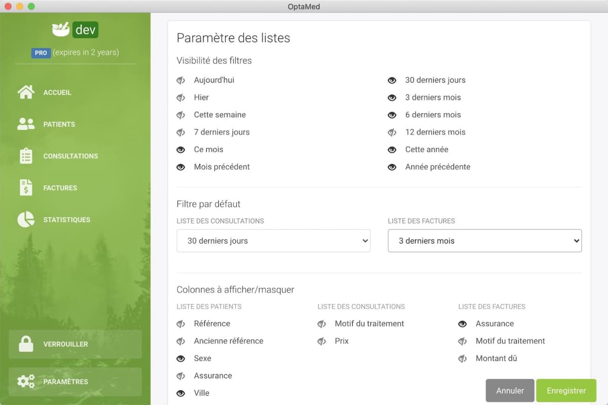 Page des réglages pour la configuration des filtres dans l'application OptaMed