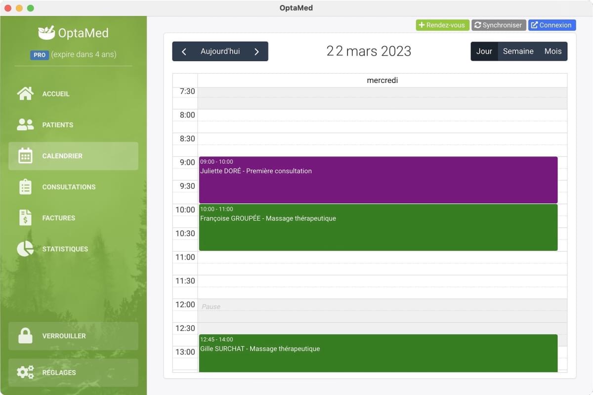 Vue par jour dans l'application OptaMed.