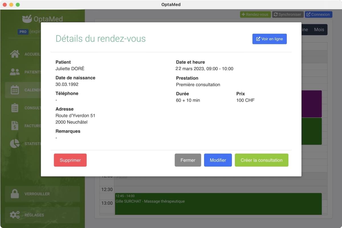 Détails d'un rendez-vous depuis l'application OptaMed.