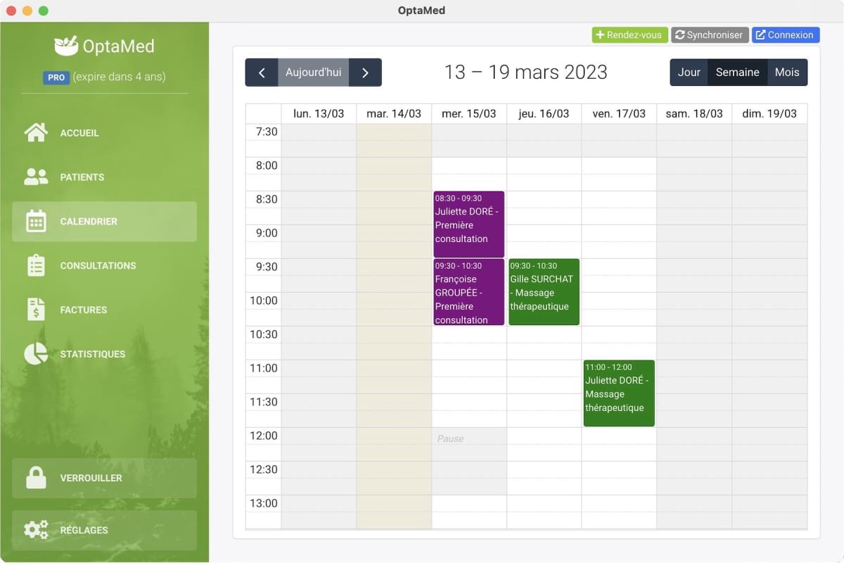 Vue par mois dans l'application OptaMed.