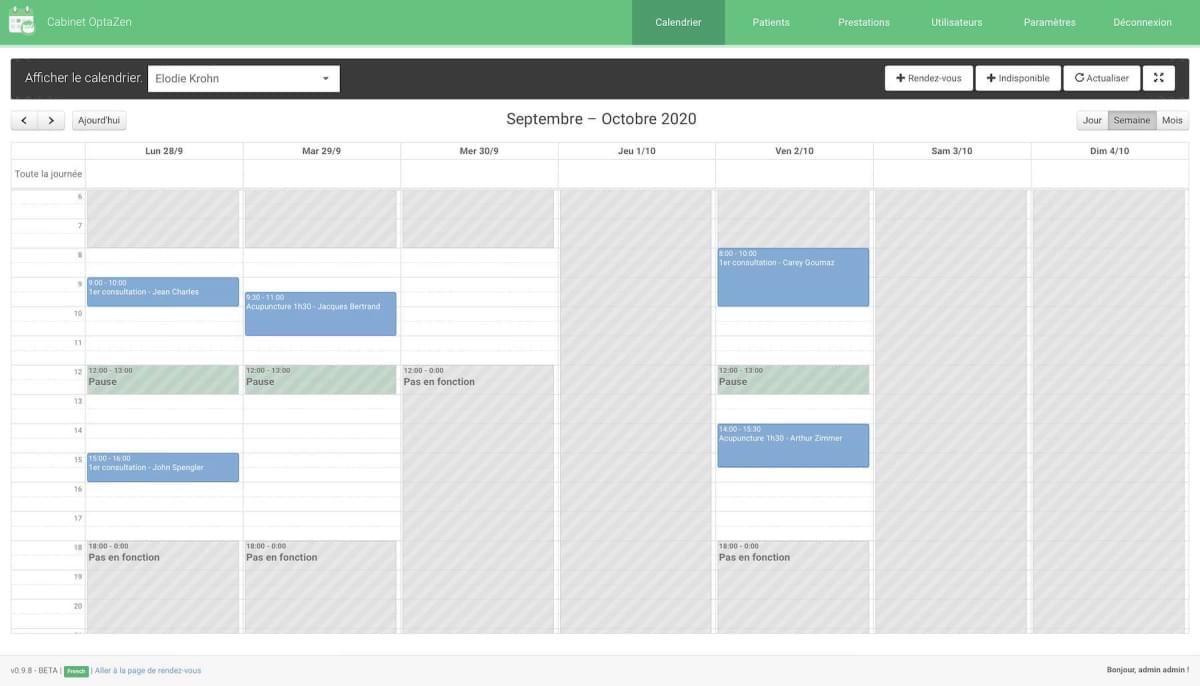 Page d'accueil du calendrier de rendez-vous en ligne.