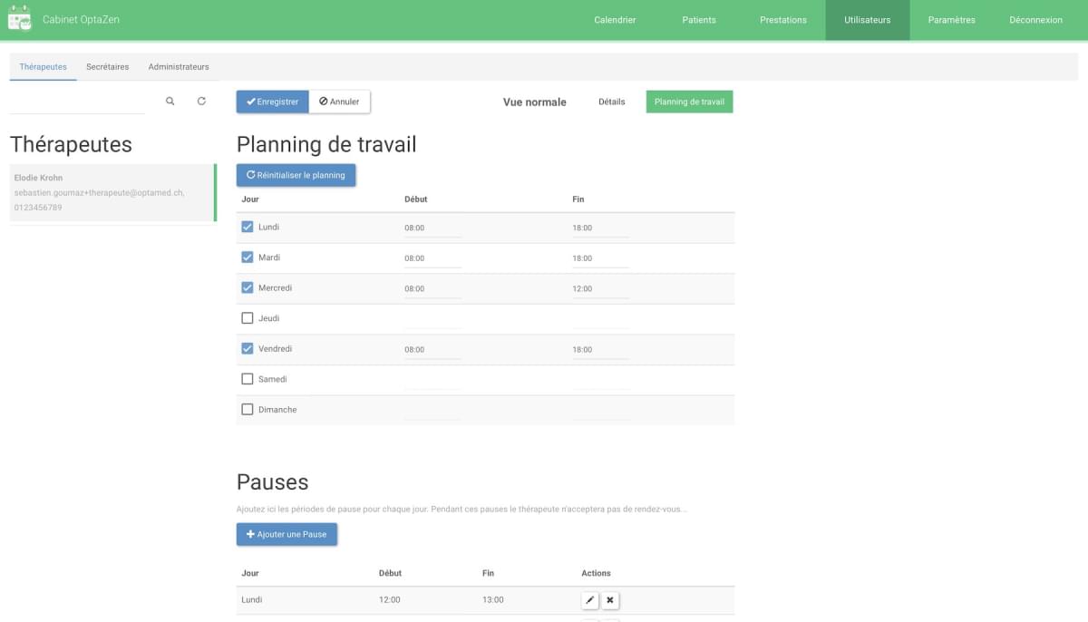 Page de gestion du planning du rendez-vous en ligne.