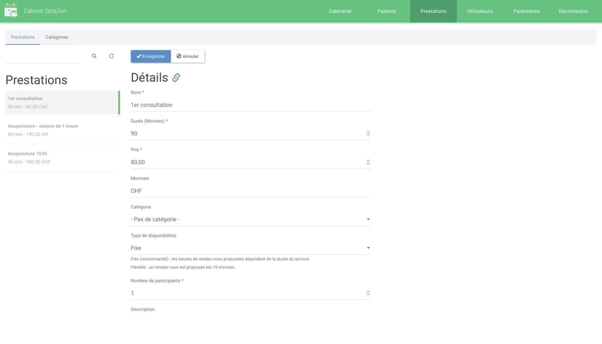 Page de gestion des prestations du rendez-vous en ligne.