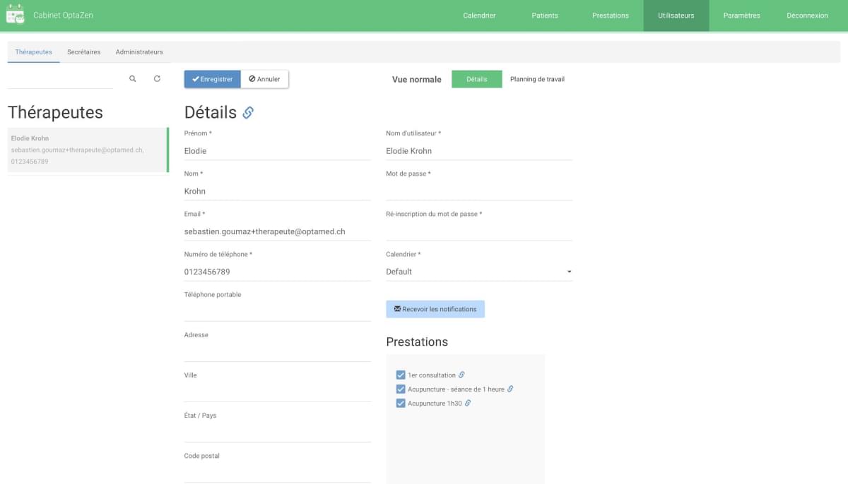 Page de gestion des thérapeutes du rendez-vous en ligne.